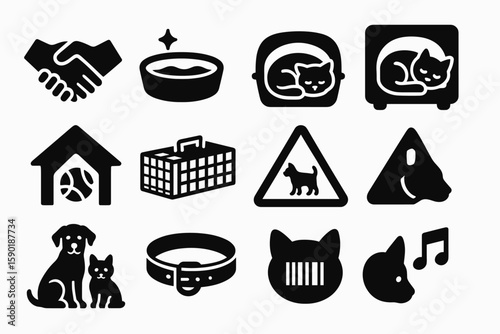 Pet care silhouette icon set. animal, dog, cat, safety, shelter silhouette collection