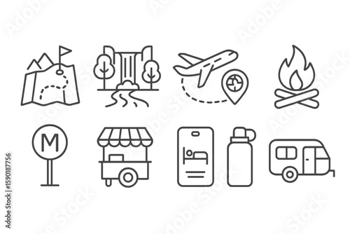 Travel and camping outline icon set. adventure, vacation, map symbols