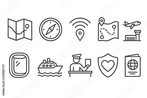 Travel and tourism outline icon set. perfect for navigation and planning apps