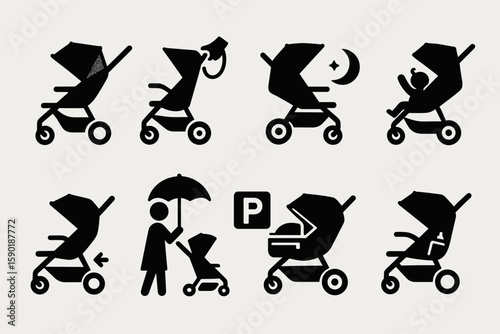 Baby stroller silhouette icon set. infant transport, parenting icons collection
