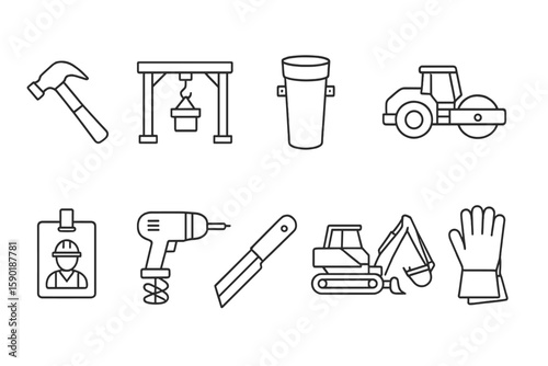 Construction and tools line icon set. building equipment, machinery symbols in outline style