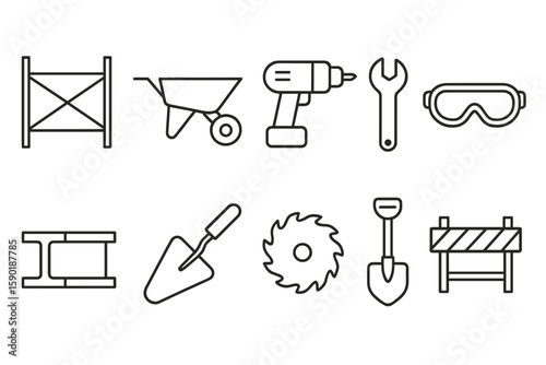 Construction tools line icon set. essential equipment and tool icons linear collection