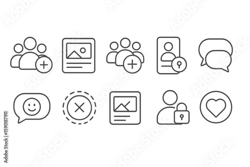 User interface, communication outline icon set. ui, chat symbols, social media icons