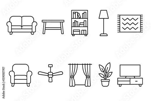 Home and living outline icon set: furniture, decor, and lifestyle icons collection
