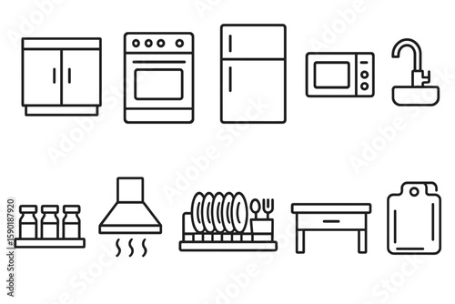 Home appliances line icon set. kitchen, household items in linear style.