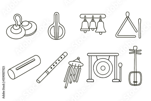 Musical instruments line icon set. collection of percussion and string line art