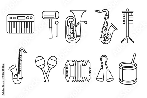 Musical instruments line icon set. saxophone, piano, and more outline collection
