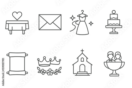 Wedding planning icon set. celebration, event icons in line collection