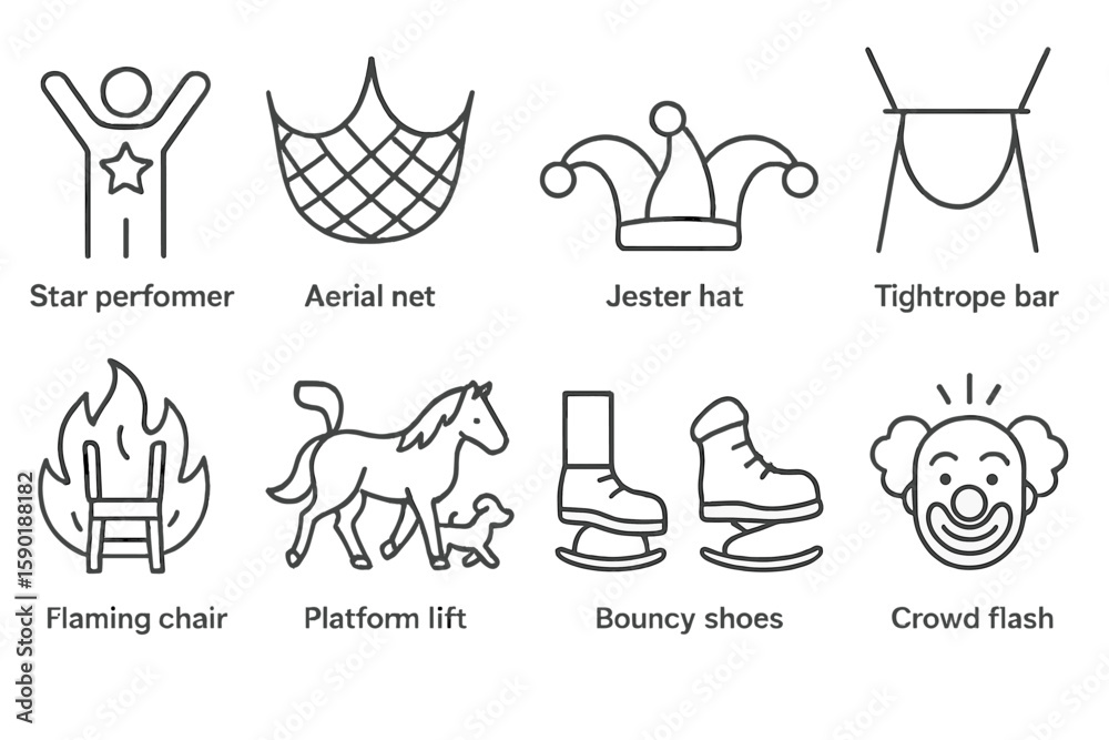 Fototapeta premium Circus and performance outline icon set. circus, acrobat, comedy symbols collection