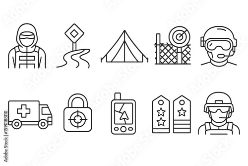 Military and camping line icon set. outdoor adventure, tactical gear outline collection