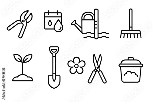 Gardening, landscaping line icon set. tools and plant care outline graphics collection