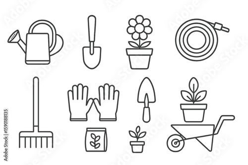 Gardening tools outline icon set. essential garden equipment icons line collection