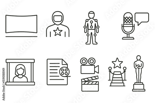 Entertainment industry line icon set. cinema, music, broadcasting icons outline collection
