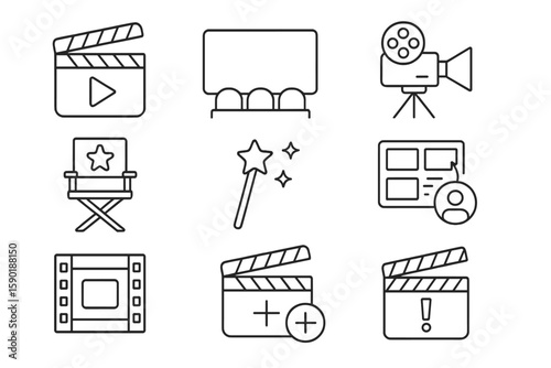 Cinema and film icon set. movie production, theater icons outline collection