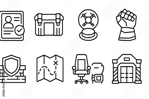 Security and planning outline icon set. safety, protection, mapping outline collection