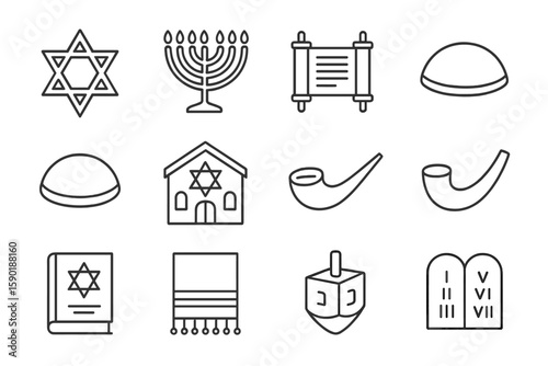 Jewish holiday line icon set. hanukkah, torah, kippah icons outline collection