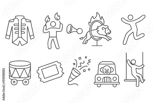 Circus theme line icon set. clown, animals, performers, tickets, music icons