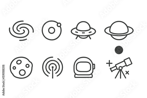 Space exploration line icon set: astronomy, planets, telescope, scientific exploration
