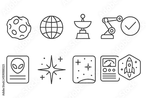 Space and technology outline icon set with aliens, rockets, and stars