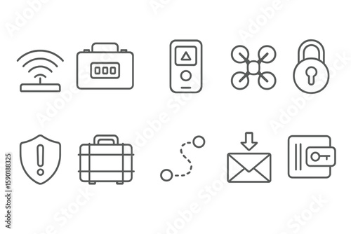 Security and technology outline icon set. devices, protection, network essentials