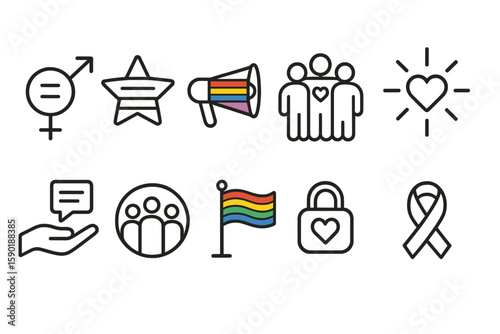 Diversity and inclusion outline icon set. equality, pride, unity symbols collection