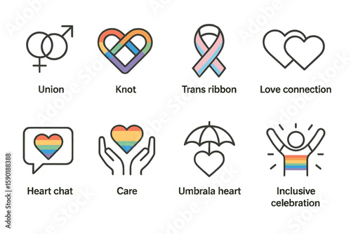 Lgbtq+ pride outline icon set. diverse, inclusive symbols linear collection