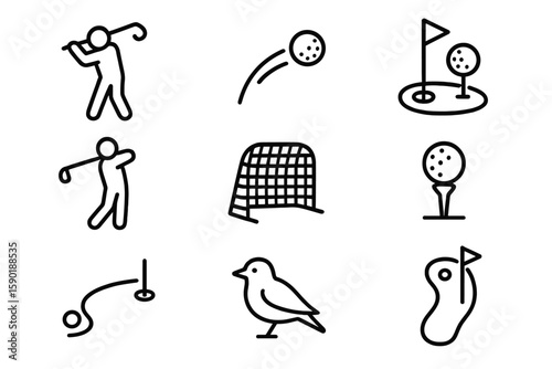 Sports and recreation line icon set. golf, soccer, birdwatching outlined collection