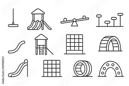 Playground equipment line icon set. slides, swings, seesaw, jungle gym collection