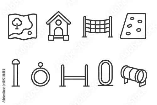 Pet park icon set. dog playground elements outline style collection