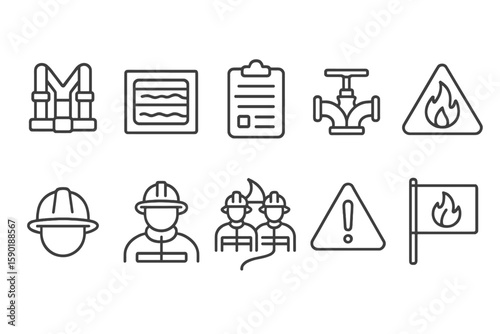 Safety, emergency outline icon set for workers: protective equipment and hazard symbols