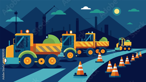 A line of construction vehicles sits parked in a neat row their headlights illuminating the ground as workers take their break surrounded by stacks of. Vector illustration