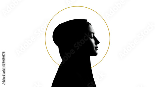 assumption day | Woman profile silhouette golden halo serene black white