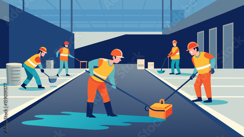 A team of workers using a laser screed to level and smooth out freshly poured concrete on a warehouse floor.. Vector illustration