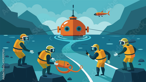 A group of divers using underwater drones to inspect the structural integrity of a massive underwater tunnel making repairs and reinforcing as needed. Vector illustration