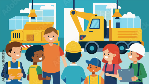 A visit to a construction equipment showroom where the students can climb inside various trucks excavators and other machinery and learn about their. Vector illustration