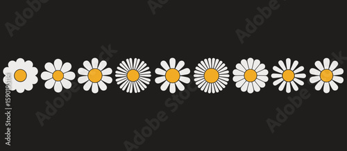 A row of stylized white daisies with yellow centers on a black background