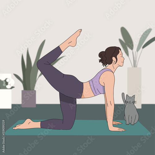 Woman practicing yoga on a mat with her cat nearby in a bright room