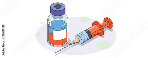Stylized illustration of a medical vial and syringe with colorful liquid