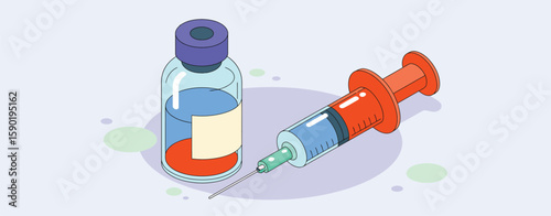 Medical syringe and vial with blue liquid and orange substance on a light background