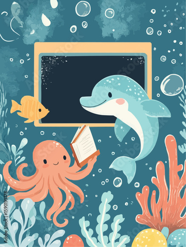 Minimal underwater learning scene with sea animals and coral blackboard, for DIY printable sets, learning cards or educational kits for children