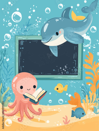 Underwater classroom scene with sea animals learning together, ideal for educational posters, school-themed visuals or ocean-themed classroom decor