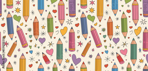 Whimsical pattern of colorful pencils and hearts for creative projects