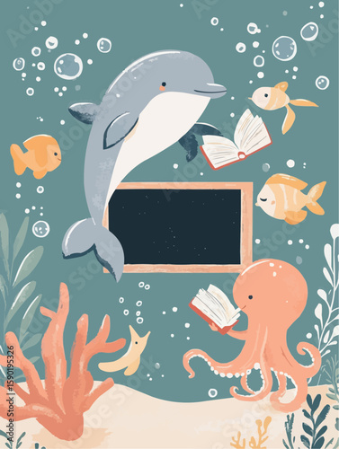 Cute underwater school with dolphin teache, octopus and small fish students in front of a coral board, perfect for nursery wall art or playful children's room decor