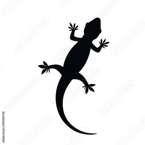 Minimal Side View Silhouette of Crawling Lizard with Long Tail – Flat Black Design