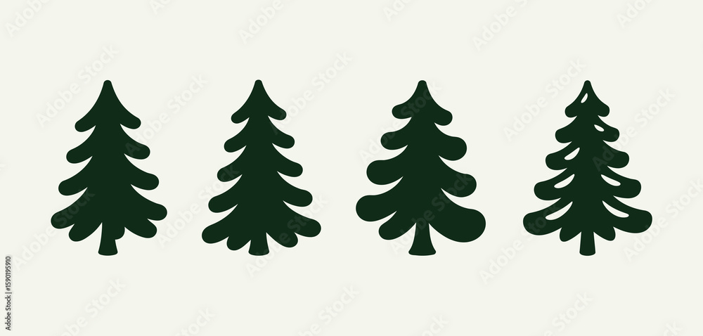 Fototapeta premium Four stylized dark green pine trees on a light cream background
