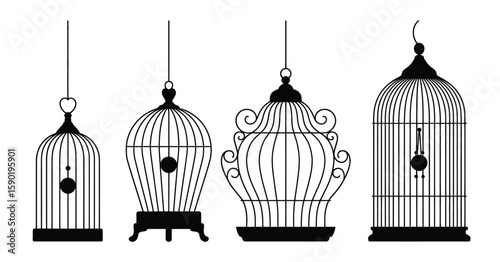 Collection of four decorative vintage bird cages in black silhouette on white background