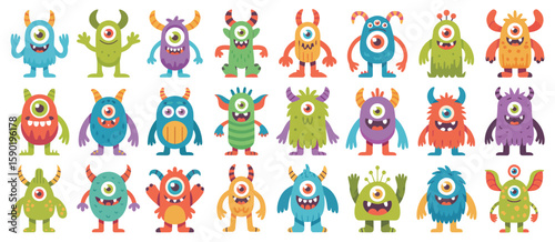 Collection of twenty four colorful cartoon monsters with one eye and horns
