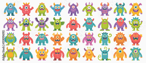 Collection of cute and colorful cartoon monsters with one eye and horns