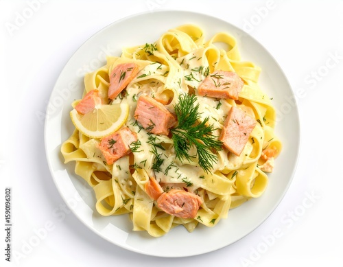 Tagliatelle al Salmone (Smoked Salmon Tagliatelle) Top view of a black ceramic plate