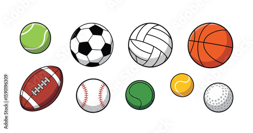 Collection of diverse sports balls including soccer basketball tennis baseball football volleyball and golf